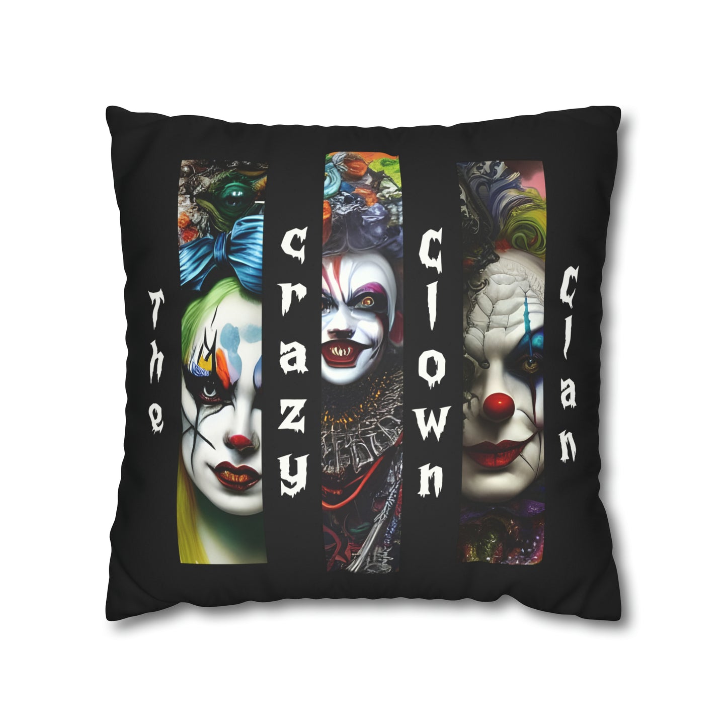 Housse de coussin en faux suède noir "The Crazy Clown Clan"